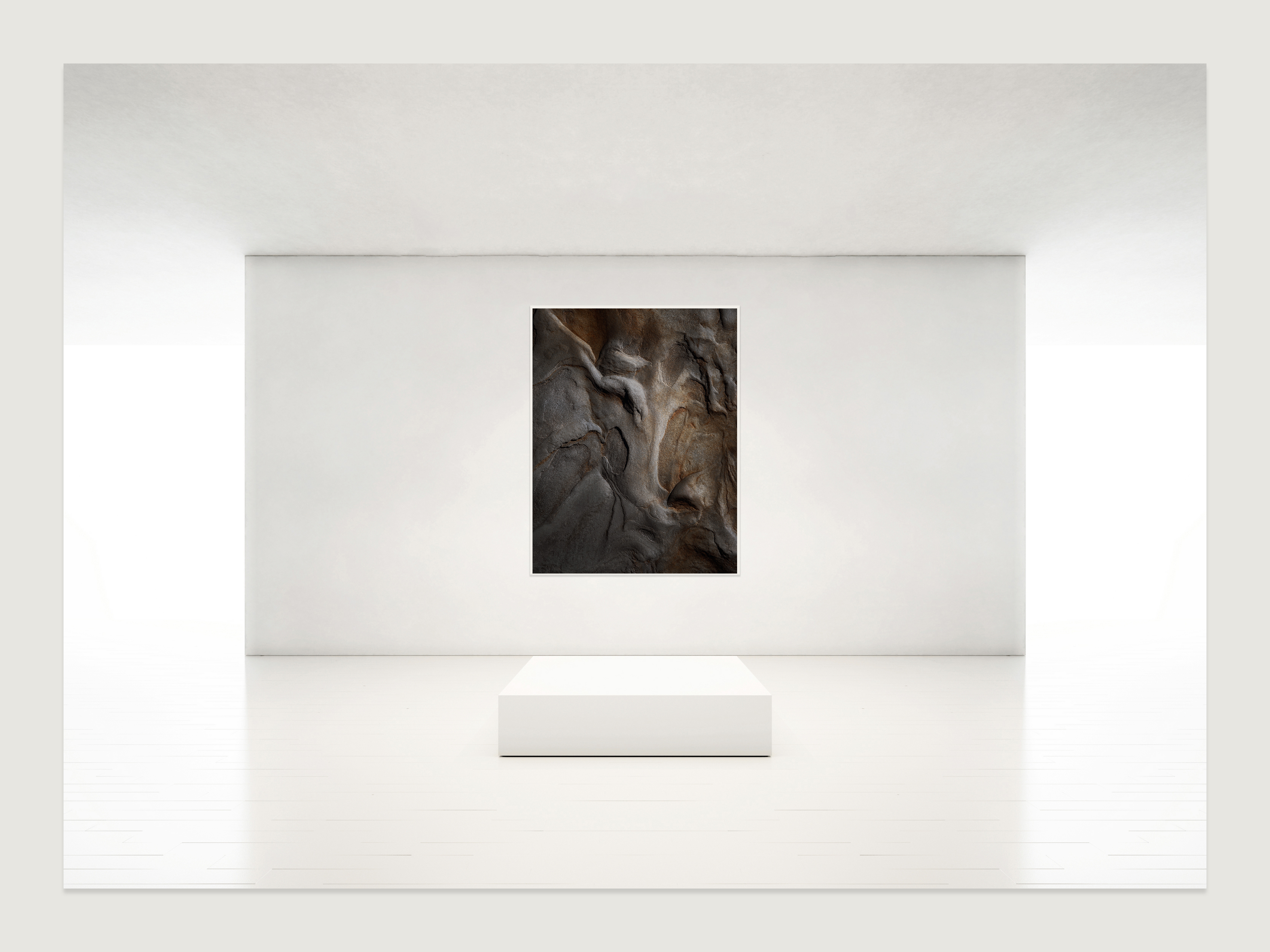 Revelatio I shown in a bright white gallery with a bench